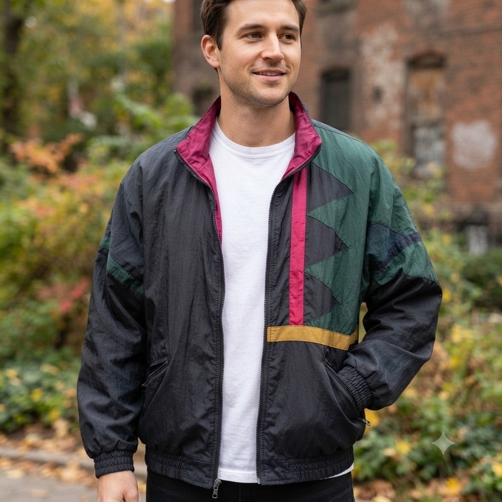 Vintage London Fog Colorblock Windbreaker Jacket Mens Large 90s Geometric Navy
